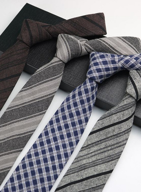 领带男士 韩版复古英伦7cm窄黑灰色条纹格子棉麻衬衫学生院风手打