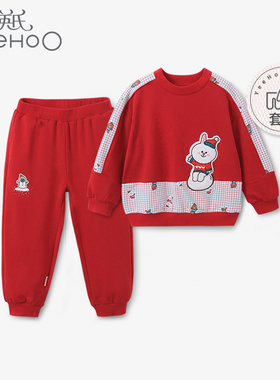 英氏新品儿童莫代尔运动套装女童新年红家居服上衣裤YZJCJ31016A