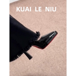 新款黑色红底漆皮尖头浅口单鞋女气质绝美粗跟防水台百搭高跟鞋