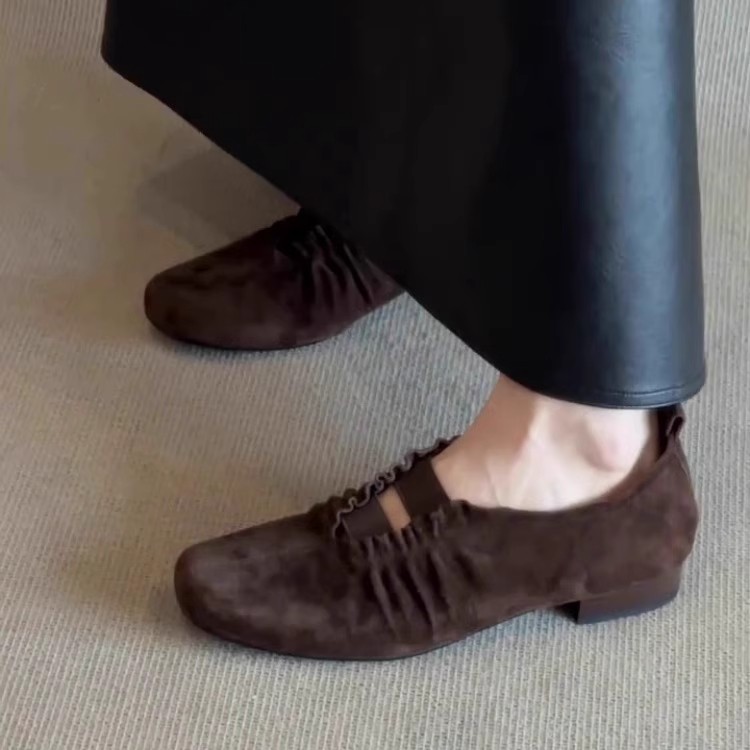 复古方头褶皱低跟乐福鞋浅口单鞋