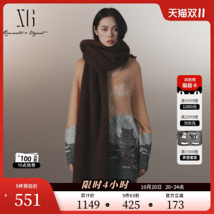 冬季 时尚 新款 淑女风V领套头毛衫 XG雪歌撞色印花长袖 女装 毛针织衫