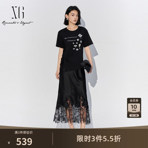 XG雪歌T恤圆领连衣裙2025夏季新款时尚简约 蕾丝收腰中长裙女