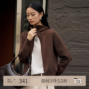 深咖色绵羊毛立领毛衫 XG雪歌翻领设计长袖 新款 2025冬季 女 毛针织衫