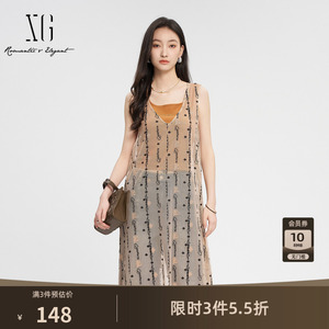 XG雪歌满版绣花淑女风无袖连衣裙时尚夏季新款时尚背心中长裙女装