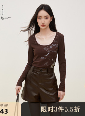 XG雪歌红咖色印花圆领长袖T恤时尚秋季新款通勤简约短款上衣女装