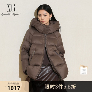 XG雪歌深咖色厚款鹅绒羽绒服2025冬季新款中长款连帽保暖外套女装