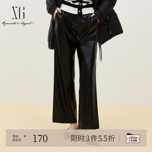 时尚 女装 秋季 通勤简约直筒长裤 新款 XG雪歌宽松显瘦黑色皮质休闲裤