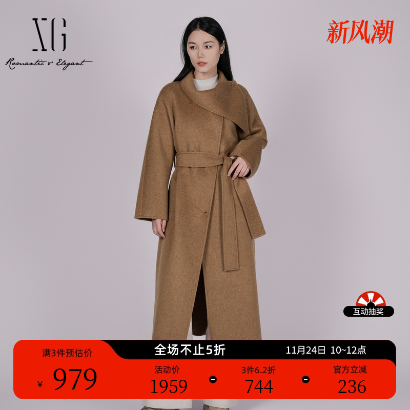 XG雪歌咖啡色骆驼绒毛呢外套2025冬季新款厚款绵羊毛长袖大衣女装