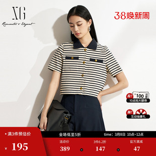 XG雪歌棉感海军风直筒T恤2026春季新款 翻领减龄条纹短袖上衣女装