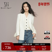 XG雪歌米白色绵羊毛休闲西装 外套女 垫肩设计系带长袖 2025秋季 新款
