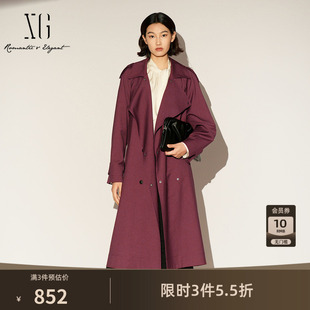 XG雪歌酒红色中长款休闲风衣2026春季新款翻领设计长袖风衣外套女