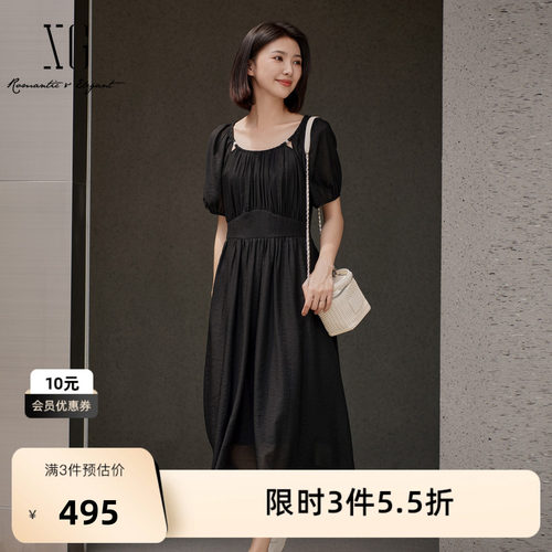XG雪歌黑色短袖莫代尔连衣裙2025夏季新款中长款高腰镂空A字裙女