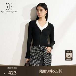 XG雪歌黑白色假两件针织衫2026春季新款修身显瘦套头长袖毛衣女装