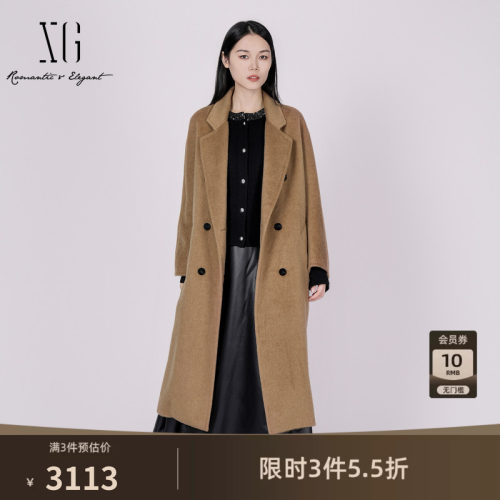 XG雪歌咖色骆驼绒混纺翻领双排扣毛呢外套长大衣2026冬季新款女装