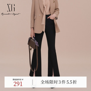 开叉设计通勤微喇长裤 新款 女 2025春季 XG雪歌黑色淑女风高腰休闲裤