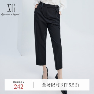 简约休闲裤 字母标签设计九分裤 时尚 新款 女 秋季 XG雪歌黑色通勤个性