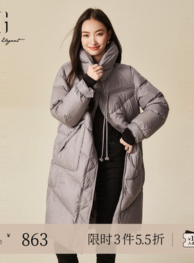 XG雪歌中长款灰色鹅绒羽绒服时尚冬季新款通勤加厚保暖长袖外套女