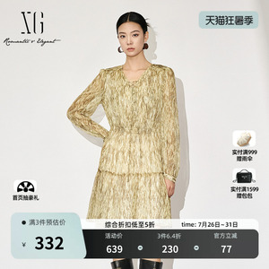 XG雪歌字母印花系带领连衣裙2025秋季新款微透设计碎花中长裙女装