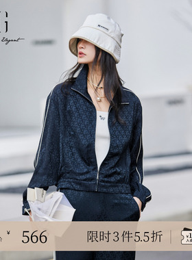 XG雪歌深蓝色长袖翻领短外套2025春季新款街头风满版印花外套女装