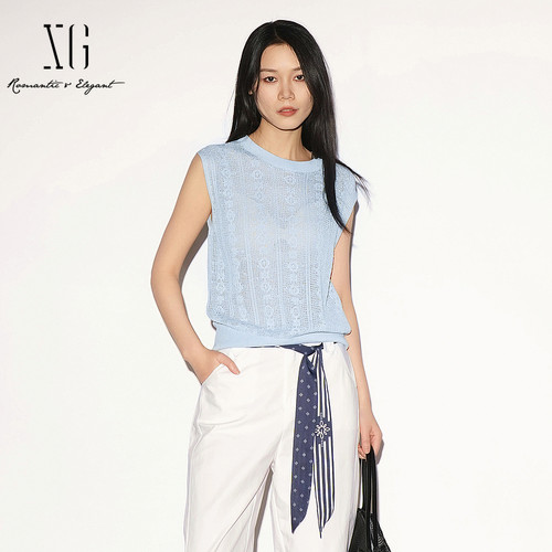 【单件立减】XG雪歌浅蓝色圆领无袖针织衫2026夏季新款镂空薄女装