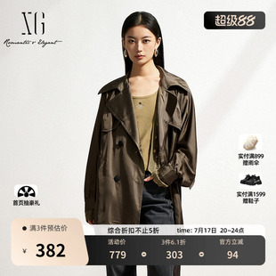 XG雪歌中长款双排扣休闲风衣2025春季新款通勤长袖翻领风衣外套女
