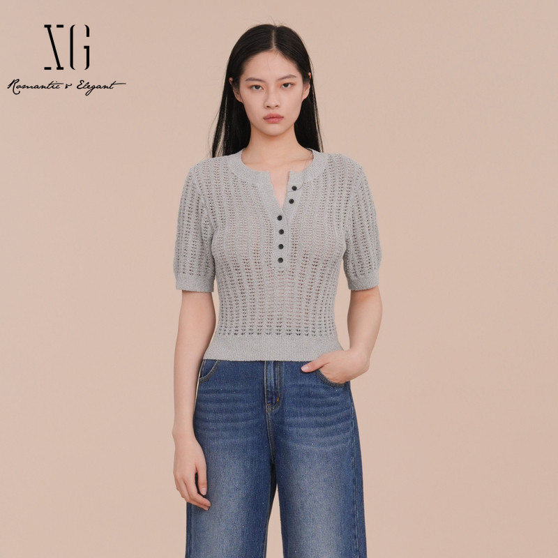 XG雪歌镂空设计短袖毛针织衫2025春季新款银灰色短款套头毛衫女装