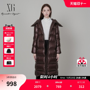 XG雪歌酒红色长袖鸭绒羽绒服2025冬季新款长款加厚保暖羽绒外套女