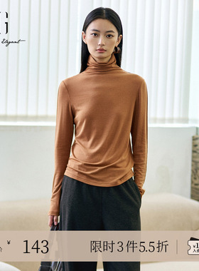 XG雪歌桔黄色绵羊毛长袖高领T恤2025冬季新款修身设计休闲上衣女