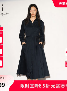 【单件立减】XG雪歌藏青色棉感翻领衬衫长袖连衣裙2026秋季新款女