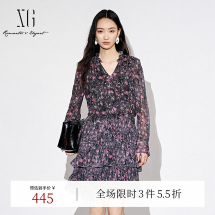 XG雪歌V领设计碎花长袖连衣裙时尚秋季新款通勤简约短款蛋糕裙女