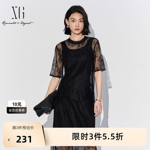 XG雪歌蕾丝网纱拼接短袖衬衫2025夏季新款黑色套头圆领休闲上衣女