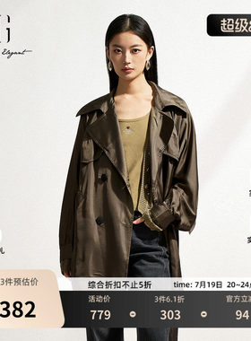 XG雪歌中长款双排扣休闲风衣2025春季新款通勤长袖翻领风衣外套女