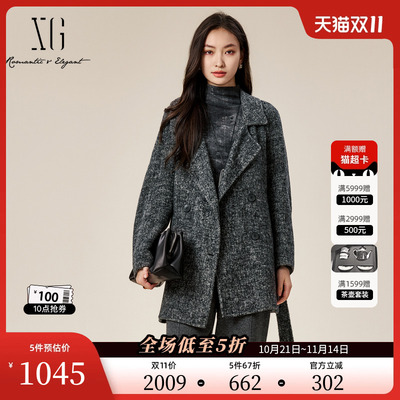 XG雪歌灰色厚款长袖毛呢外套2025冬季新款中长款翻领羊驼毛大衣女