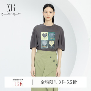 通勤纯棉圆领上衣女装 XG雪歌银灰色创意印花短袖 新款 T恤时尚 春季