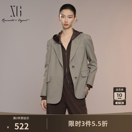 XG雪歌复古格纹设计休闲西装2025秋季新款通勤翻领长袖西装外套女