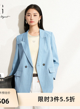 XG雪歌挺括设计长袖休闲西装2025春季新款灰蓝色通勤醋纤外套女装