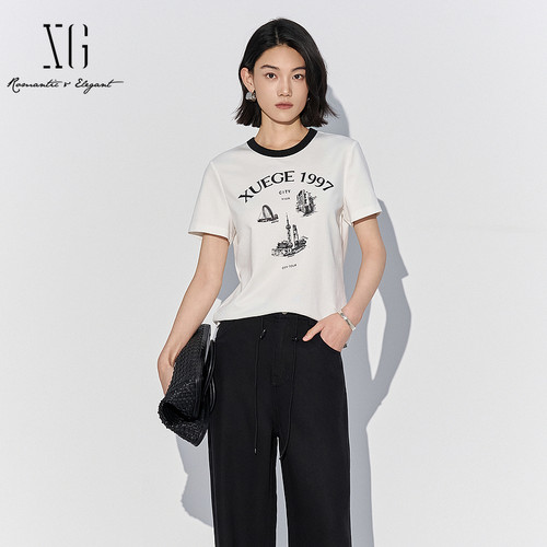 XG/雪歌XL201843A851白色字母印花短袖T恤2025夏季新款薄款上衣女