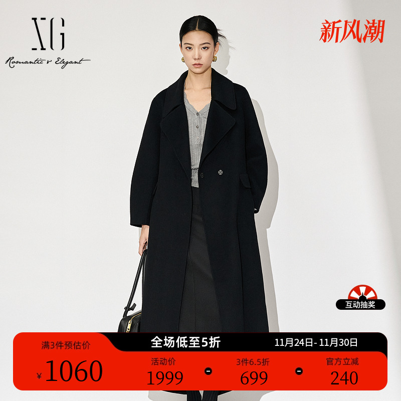 XG雪歌长袖毛呢外套时尚冬季新款中长纯棉羊毛大衣女