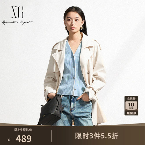 XG雪歌中长款双排扣休闲风衣2025春季新款白色通勤简约长袖外套女