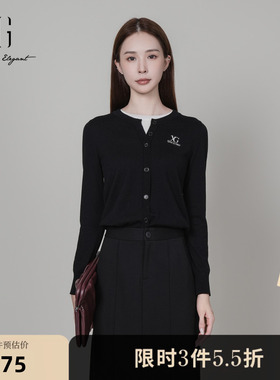XG雪歌黑色修身长袖毛针织衫2025冬季新款假两件设计套头毛衫女装