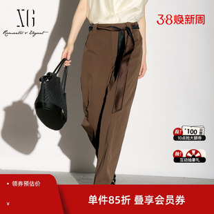 XG雪歌深咖啡色直筒休闲裤配飘带2026夏季新款阔腿通勤西装长裤女