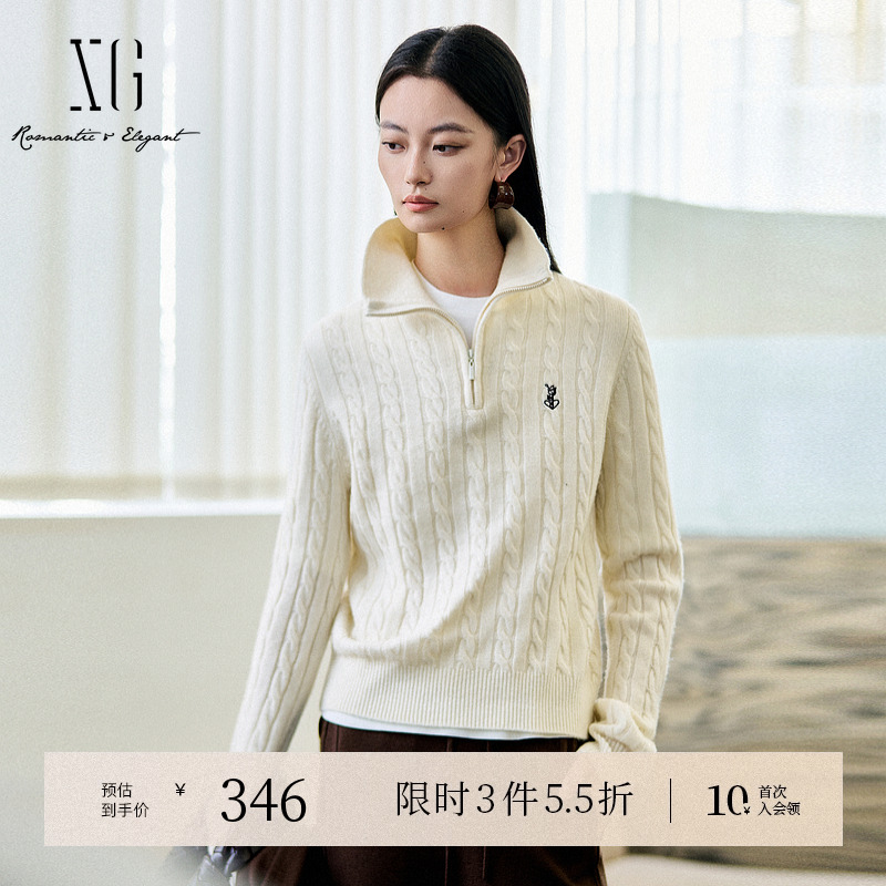 XG雪歌纯绵羊毛翻领长袖毛衣2025冬季新款米白色厚款套头针织衫女