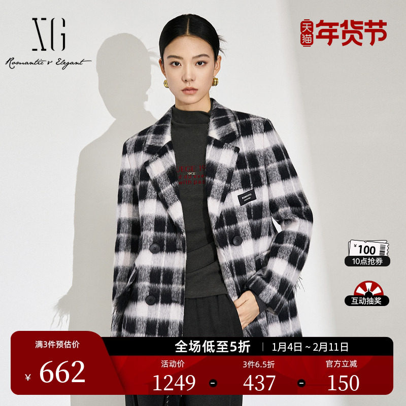 XG雪歌复古黑白格纹毛呢外套2024冬季新款通勤中长款绵羊毛大衣女