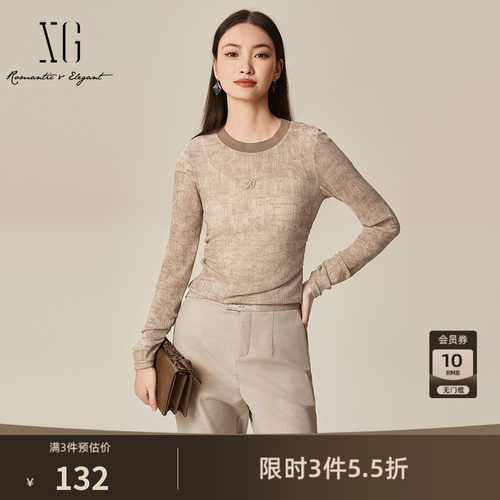 XG雪歌堆堆袖设计复古驼色T恤2025春季新款修身长袖圆领上衣女装