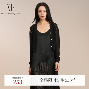 2025夏季 V领长袖 新款 简约 外套上衣女 时尚 XG雪歌黑色针织开衫