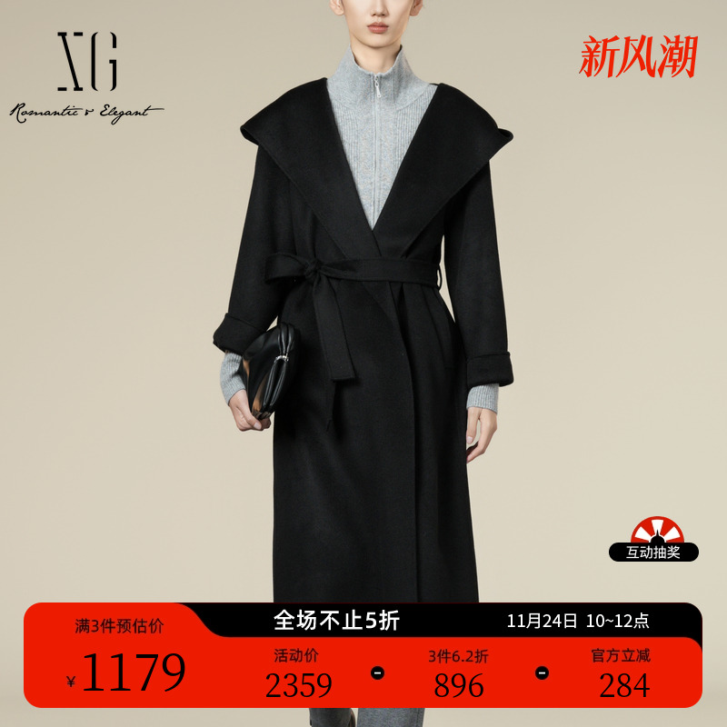 XG雪歌黑色系带设计毛呢外套2025冬季新款中长款绵羊毛连帽大衣女