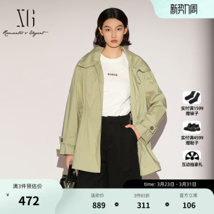 一手长腰带宽松外套女装 XG雪歌棉感大翻领灰绿色风衣2026春季 新款