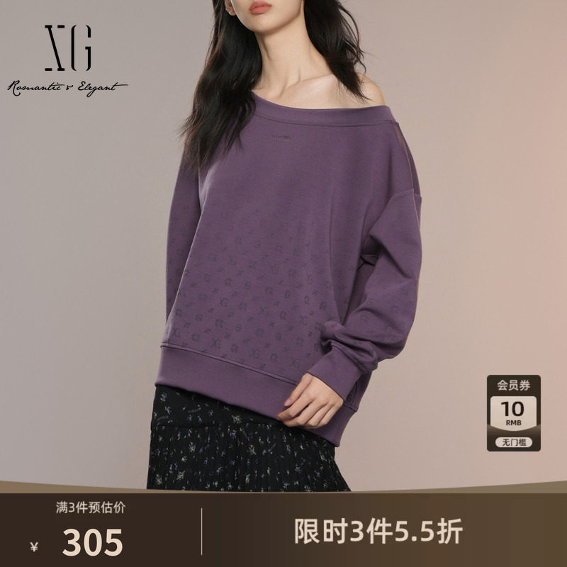 XG雪歌印花设计长袖套头卫衣2025秋季新款深紫色通勤圆领上衣女装