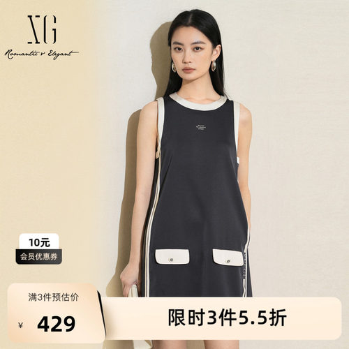 XG雪歌藏青色无袖设计连衣裙2025夏季新款设计感印花A字短裙女装