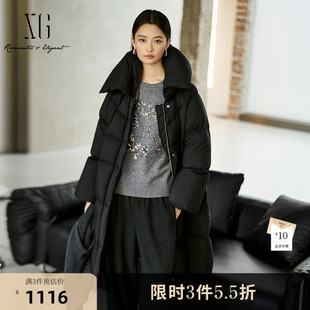 XG雪歌中长款黑色鸭绒羽绒服2025冬季新款加厚保暖长袖翻领外套女